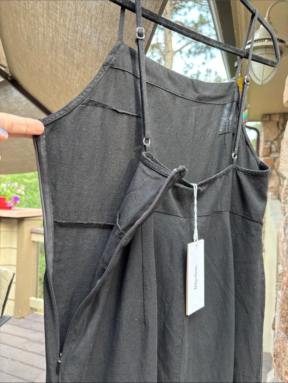 NEW! Rhythm. 12L Black Wide-Leg Linen Spaghetti-Strap Classic Jumpsuit Overalls - Picture 8 of 17